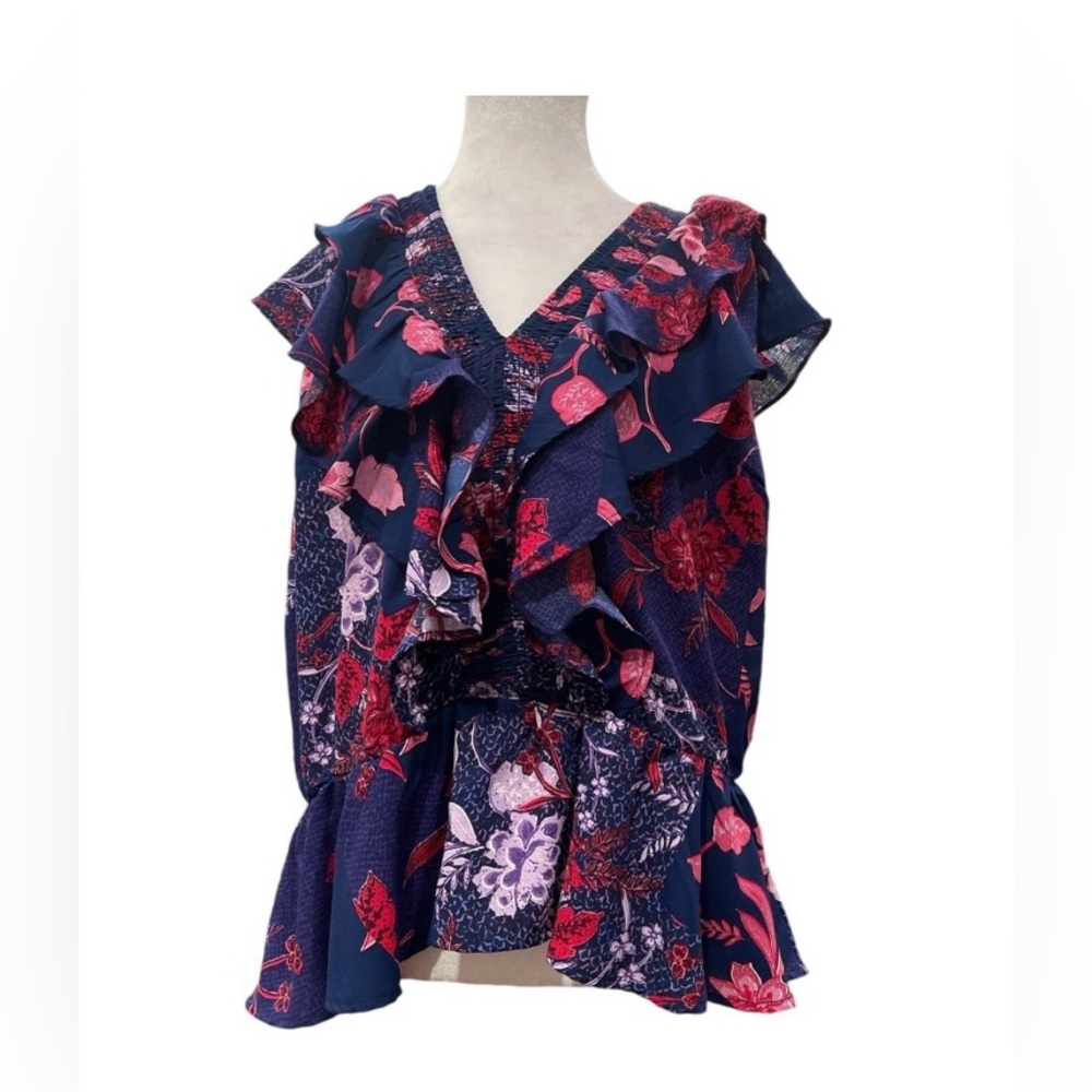 Vibrant Floral Smocked Sleeveless V-Neck Top XL